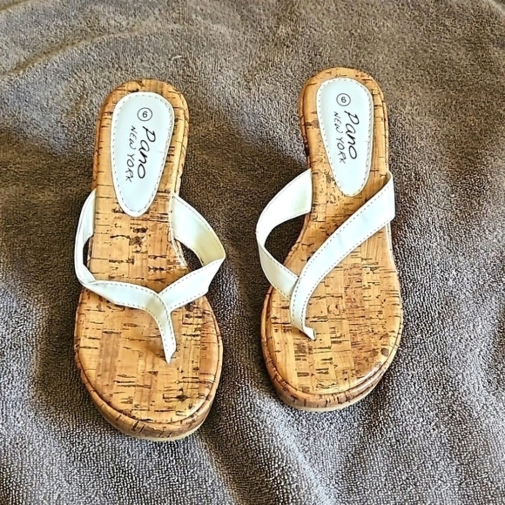 White Cork Wedge Thong Sandals